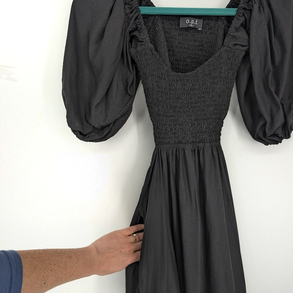 O.P.T. Leighton Black Puff Sleeve Smocked Cutout Midi Dress Tencel Flax XS - Picture 5 of 9